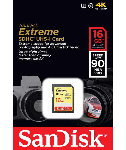 SanDisk Extreme SDHC Card 16GB 90MB/s Class 10 UHS-I U3