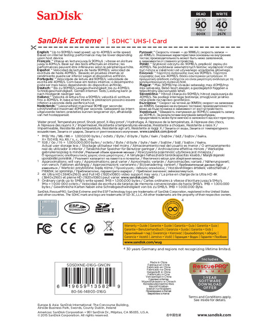 SanDisk Extreme SDHC Card 16GB 90MB/s Class 10 UHS-I U3